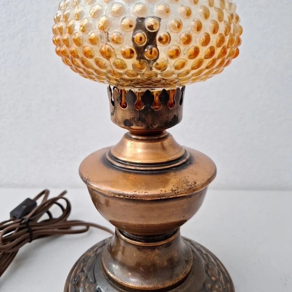 Victorian Style Vintage Table Hurricane Lamp COPPER BASE & AMBER HOBNAIL SHADE